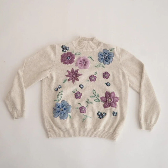 Vintage Alfred Dunner  Cream w Purple & Blue Floral Knit Mockneck Sweater PL - Picture 1 of 9